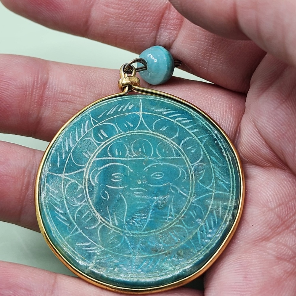 Elephant Turquoise & Gold Tone Blue Round Pendant Engraved Artisan Statement